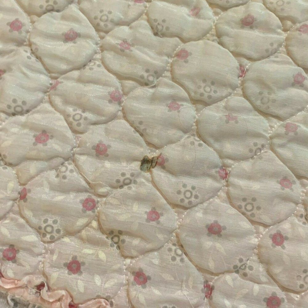 Vintage 80s Quilted Coverlet Bedspread Twin Pink Floral Light Ruffles Lace